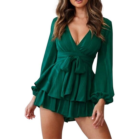 NEW Green Rompers V Neck Waist Tie Layered Ruffle Hem S - Picture 1 of 4